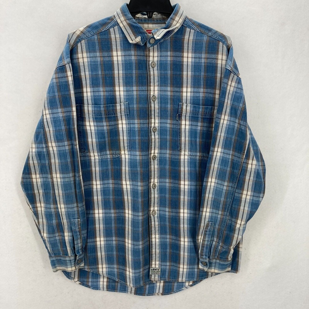 Vintage Levi's Silver Tab Flannel Shirt Mens Large Blue Plaid Western Cowboy Y2K